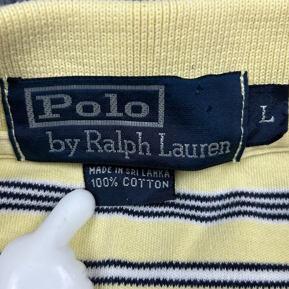 Polo Ralph Lauren Polo Shirt Mens L Yellow Blue Striped Preppy Golf Short Sleeve